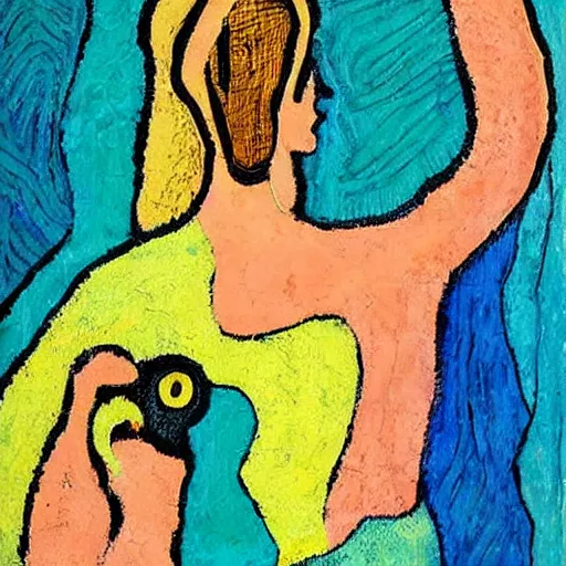 Image similar to Painting. a woman is shown from behind, her body slightly blurred as if in motion. Her long hair cascades down her back, and she is holding a small bird in her hand. bokeh by Jean Dubuffet geometric, placid