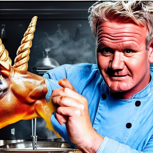 Image similar to hyper real Gordon Ramsey cooking a unicorn in kitchen 4k