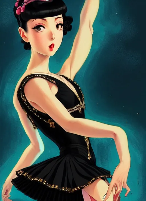 Image similar to a beautiful dancer with black hair in 1930's fashion, ballroom background, intricate, highly detailed, digital painting, artstation, official media, anime key visual, concept art, rich vivid colors, ambient lighting, sharp focus, illustration, art by Artgerm, Makoto Shinkai, Ilya Kuvshinov, Lois Van Baarle, and Rossdraws