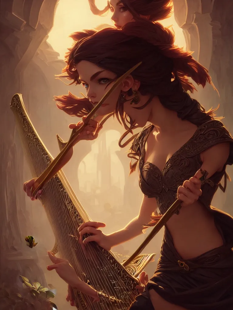 Prompt: Yordle rogue with a harp, closeup, D&D, fantasy, intricate, elegant, highly detailed, digital painting, artstation, concept art, matte, sharp focus, illustration, art by Artgerm and Greg Rutkowski and Alphonse Mucha