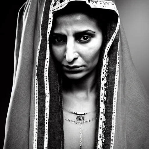 Image similar to intense portrait of 35 year old middle eastern skinned woman in ancient Canaanite clothing