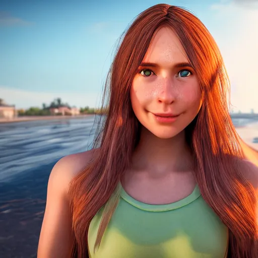 Prompt: A cute and beautiful 3d cgi young woman, long shiny bronze brown hair, green eyes, cute freckles, smug smile, golden hour, beach background, medium shot, mid-shot, trending on Artstation, hyperrealism, cgstation, Unreal Engine