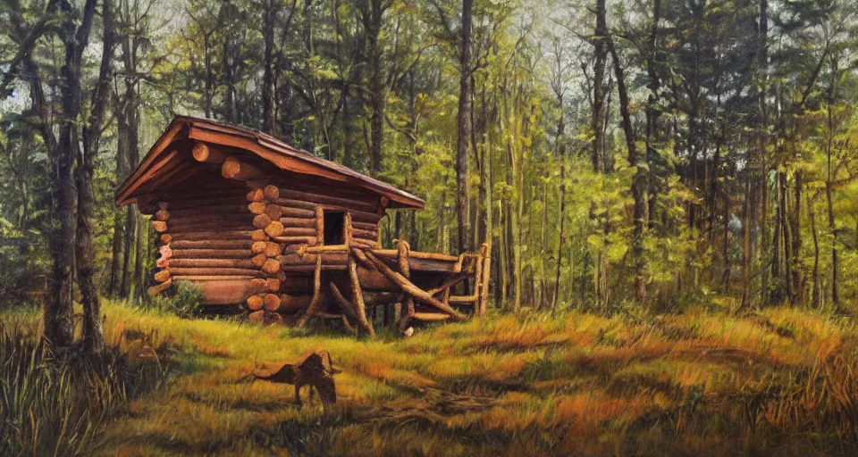 Prompt: one log cabin in the forest, beautiful painting, oil on canvas, by Ewa Czarniecka, award winning masterpiece,