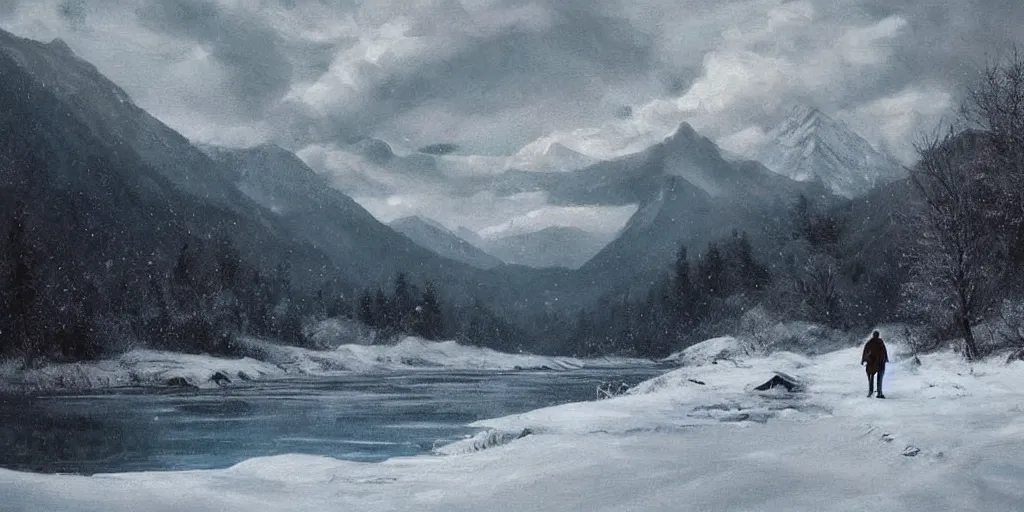 Image similar to A majestic landscape featuring a river, mountains and a forest. A small group of birds is flying in the sky. Harsh winter. very windy. There is a man walking in a deep snow.Camera is positioned behind the man. Cinematic, very beautiful, painting in the style of Lord of the rings