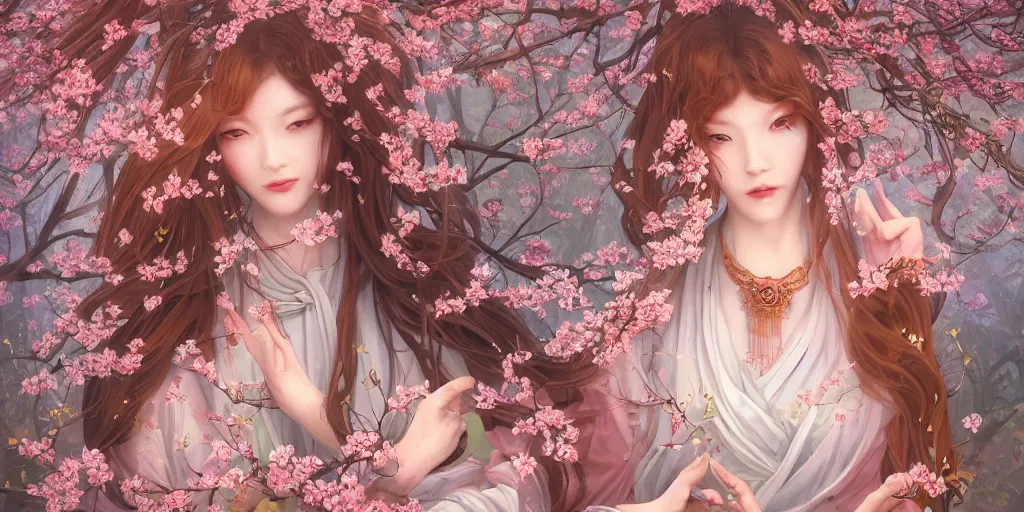 Image similar to breathtaking detailed concept art painting of the goddess of cherry blossom, orthodox saint, with anxious, piercing eyes, ornate background, amalgamation of leaves and flowers, by Hsiao-Ron Cheng, James jean, Miho Hirano, Hayao Miyazaki, extremely moody lighting, 8K