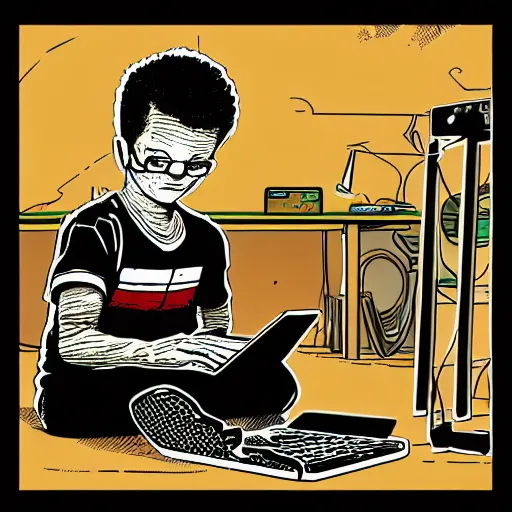 Image similar to illustration of a boy connected to his laptop with wires, highly detailed, by butcher billy, mcbess, rutkowski