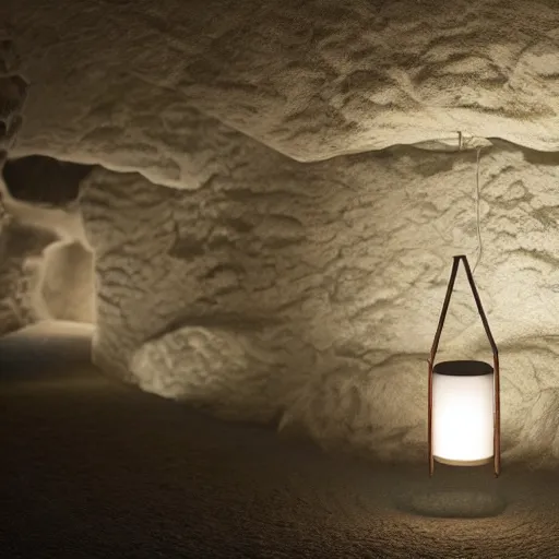 Image similar to japanese lamp inside a cave made of chalk, photorealistic rendering, atmospheric light, octane, redshift