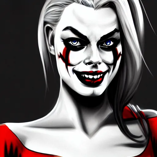 Image similar to Margot Robbie as Harley Quinn as a vampire, highly detailed, digital painting, artstation, concept art, smooth, sharp focus, illustration, art by yoji shinakawa, black and white, red