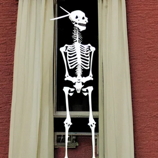 Prompt: Unicorn Skeleton standing next to an open window