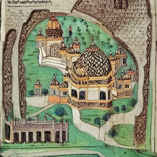 Image similar to “Mughal miniatures of a city plan for a walled city to be built in New Delhi, highly detailed, intricate, very very very detailed”