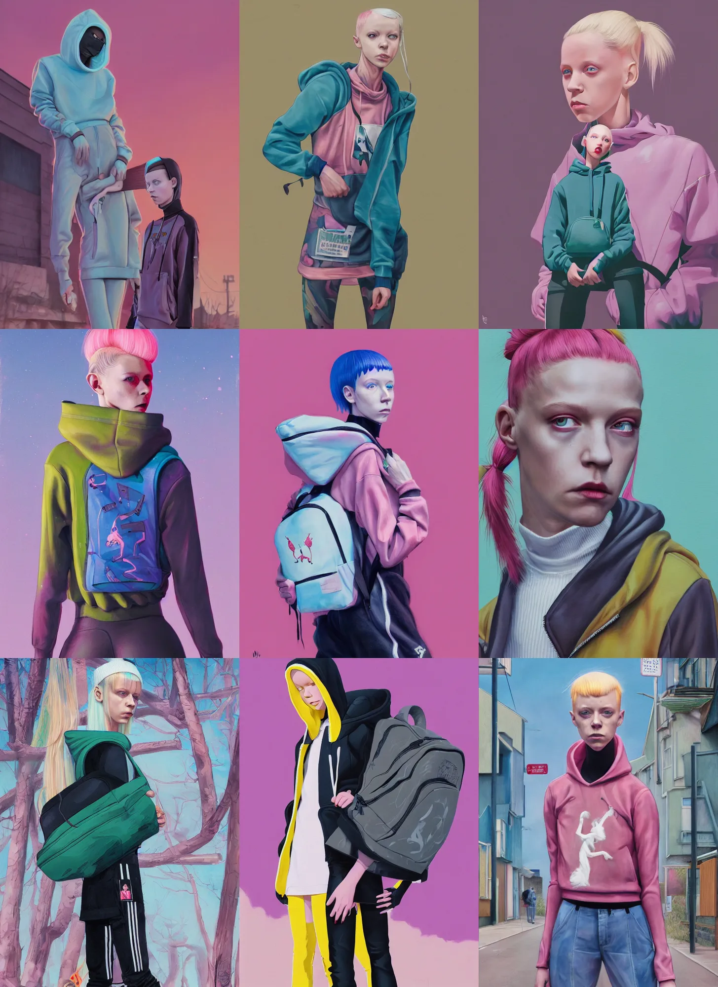 Prompt: still from music video of hunter schafer from die antwoord standing in a township street, wearing a hoodie and backpack, street clothes, full figure portrait painting by martine johanna, ilya kuvshinov, rossdraws, pastel color palette, 2 4 mm lens