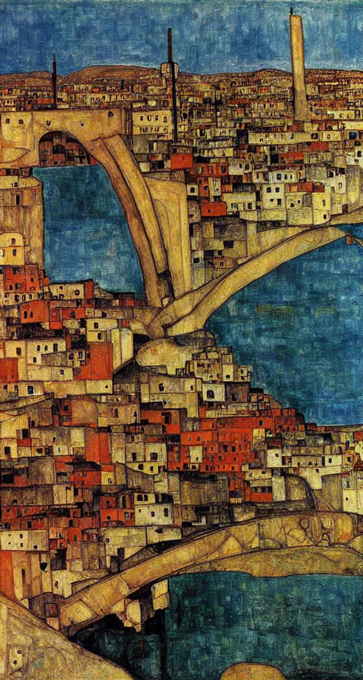 Image similar to a city in south of iran with a bridge, painting by egon schiele