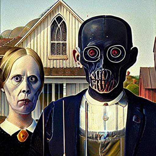 Image similar to of two scary cyborgs as the couple in the painting american gothic 4 k photorealism hd