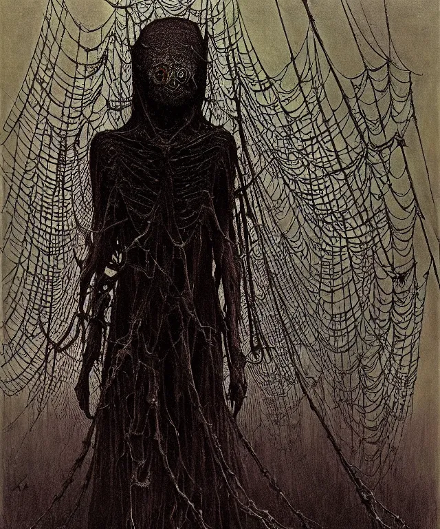 Prompt: a woman standing all covered in spiders. arachnophobia, fear of spiders, incredible number of spiders. extremely high details, many spider paws and eyes, realistic, horror, creepy, web, masterpiece, colorful art by zdzislaw beksinski, arthur rackham, dariusz zawadzki, ed binkley