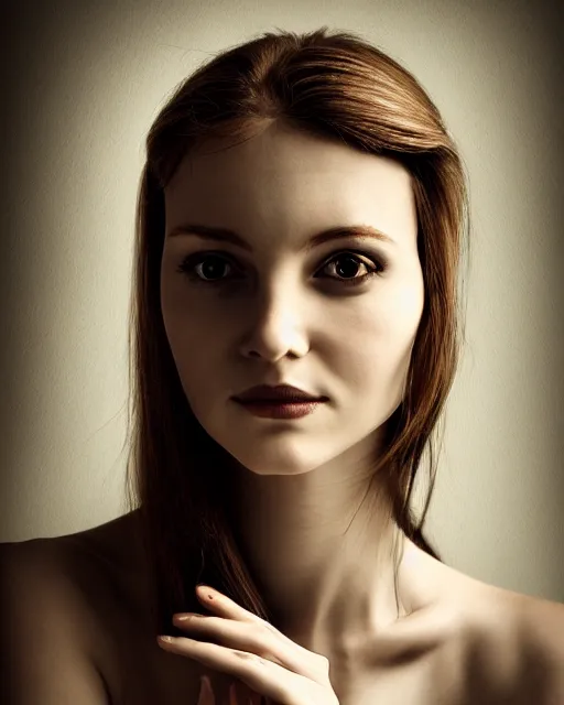 Prompt: portrait of a beautiful woman, enigmatic beauty, little shy smile, head in focus, intricate, elegant, highly detailed, artistic, concept art, painterly, hasselbrad photography, sharp focus, art style by hans jokem bakker
