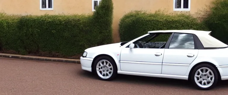 Image similar to Casablanca White Audi A4 B6 Avant Convertible (2002), soft top roof raised, red interior, created by Barclay Shaw