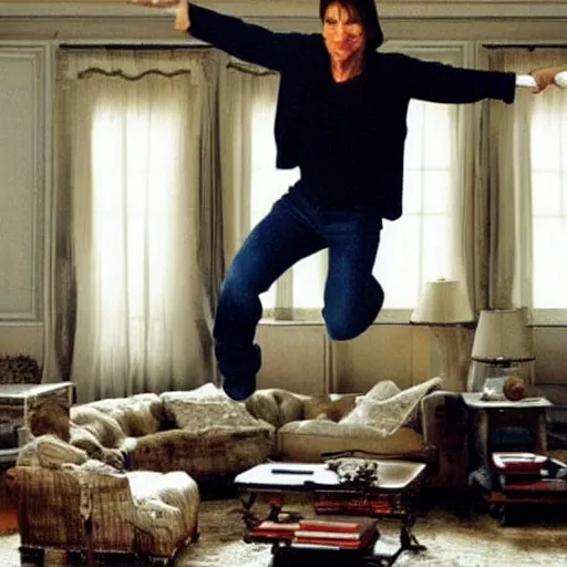 Image similar to tom cruise, 200 years old, jumping on a sofa