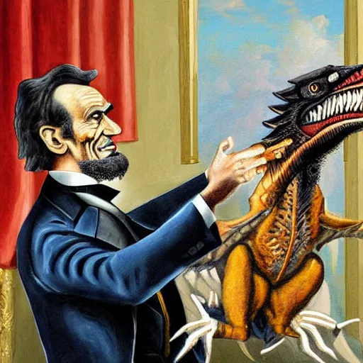 Prompt: white house painting of abraham lincoln riding a velociraptor holding a hand gun