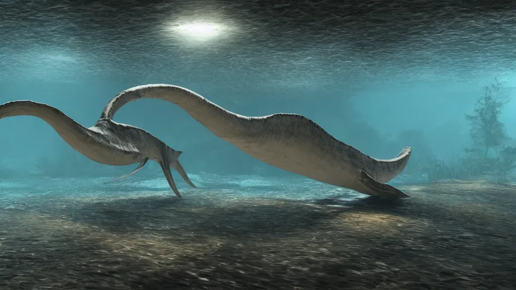 Image similar to underwater photo of a plesiosaur, murky water, hyperrealistic, Cryengine 8k UHD