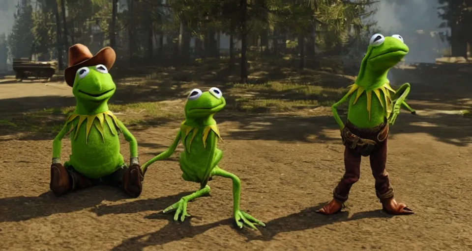 Image similar to Screenshot of Kermit the Frog as a 3d cowboy in the videogame 'Red Dead Redemption 2'. Sharpened. 1080p. High-res. Ultra graphical settings.