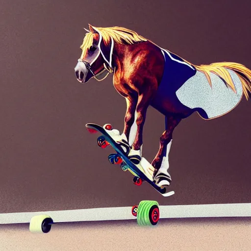 Prompt: a horse doing a kickflip on a skateboard while wearing sick 90's cool kid clothing