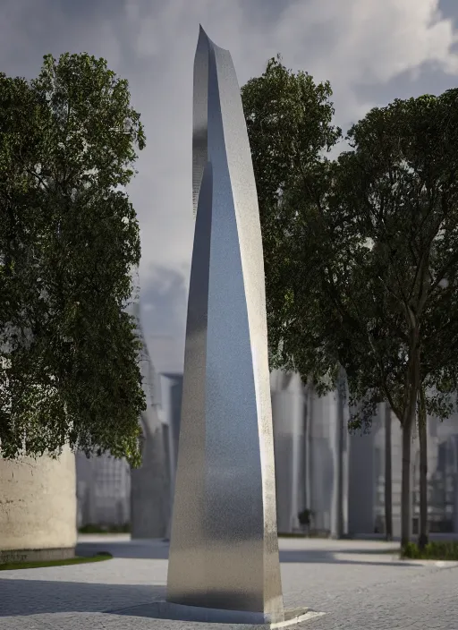 Image similar to highly detailed realistic architecture 3 d render of a metallic stele monument in zaha hadid style standing on a side of a road, archdaily, made in unreal engine 4 octane render