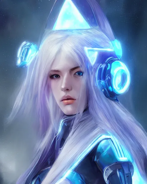 Image similar to perfect android girl on a mothership, warframe armor, beautiful face, scifi, futuristic, galaxy, nebula, bae suzy, dreamy, long white hair!!!, blue cyborg eyes, sharp focus, cinematic lighting, highly detailed, artstation, divine, by gauthier leblanc, kazuya takahashi, huifeng huang