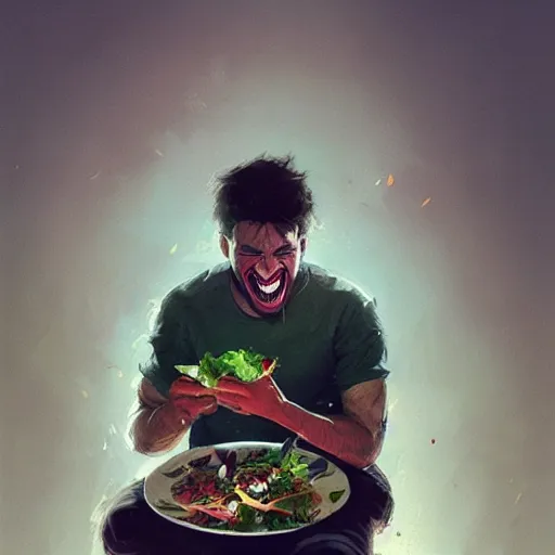 Image similar to an illustration of a young man eating salad and laughing,hyperdetailed,detailed face,art by greg rutkowski,trevor henderson,artstation,deviantart