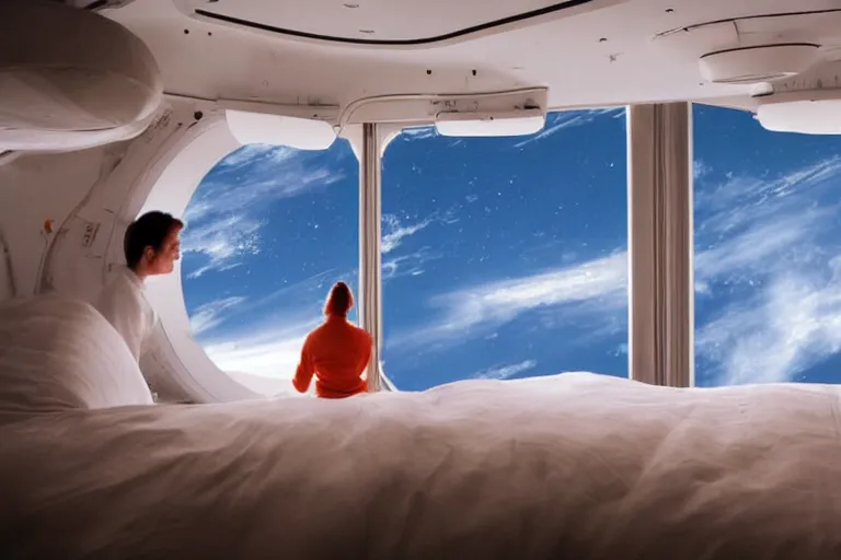 Image similar to sci-fi scene of space tourists in glamourous spaceship bedroom looking out large circular window at earth orbit By Emmanuel Lubezki