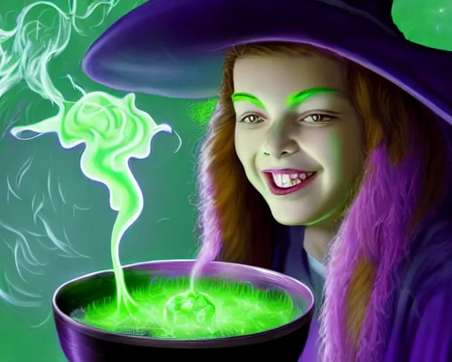 Image similar to close up portrait, happy teen witch and her cat mixing a spell in a cauldron, faint wispy green and purple smoke fills the air, a witch hat, cinematic, green glowing smoke is coming out of the cauldron, ingredients on the table, apothecary shelves in the background, scary stories to tell in the dark book cover, goosebumps