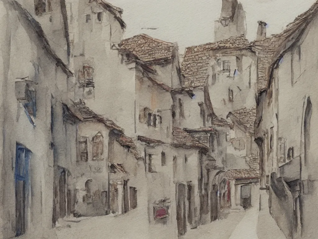 Image similar to a street in a old small village, pencil and watercolor