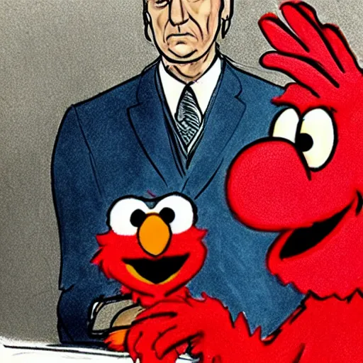 Image similar to elmo testifying in court with saul goodman, courtroom sketch