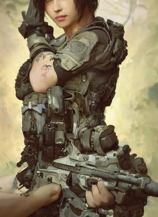 Image similar to girl covered with tattoos wearing tactical gear, intricate lights, bio luminescent, plasma, by ruan jia and artgerm and range murata and wlop and ross tran and william - adolphe bouguereau and beeple. key art. fantasy illustration. award winning, artstation, intricate details, realistic, hyperdetailed, 8 k resolution.