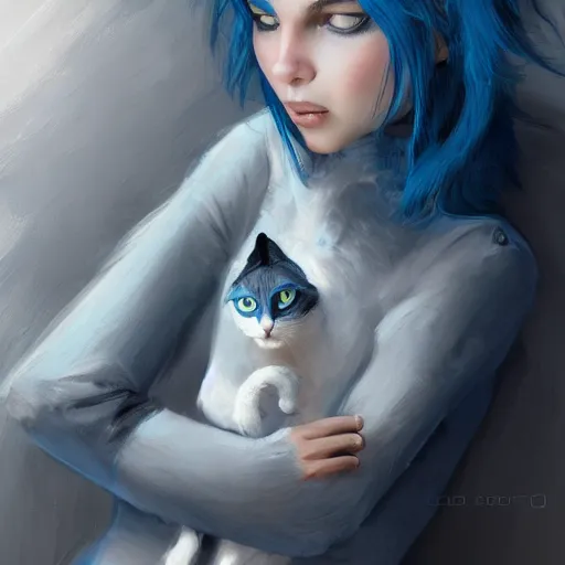 Prompt: a cute caucasian girl with blue hair holding a grey and white cat, full body portrait by Cedric Peyravernay, highly detailed, excellent composition, cinematic concept art, dramatic lighting, trending on ArtStation