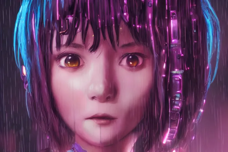 Image similar to an epic fantasy comic book style portrait painting of an extremely cute and adorable very beautiful cyberpunk lain ( serial experiments lain ) in the rain, neon reflections, character design by mark ryden and pixar and hayao miyazaki, unreal 5, daz, hyperrealistic, octane render, cosplay, rpg portrait, dynamic lighting, intricate detail, cinematic
