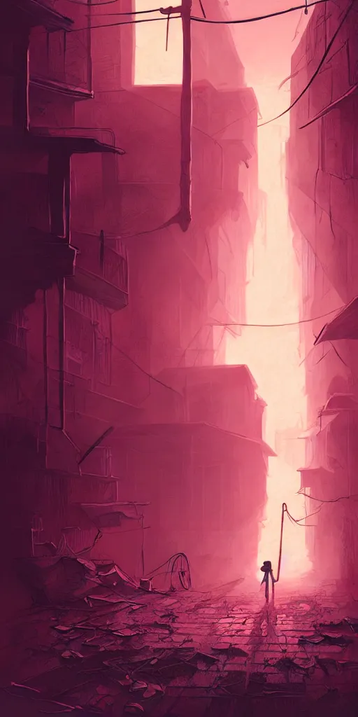 Prompt: abandoned apocalyptic old alley with a kid at the centre, epic red sunlight, perfect lightning, illustration by niko delort,