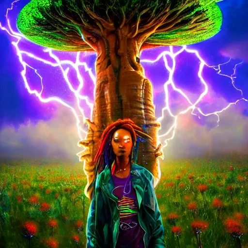 Image similar to an african cyberpunk hacker girl colorful dreadlocks plugged into a giant glowing baobab tree in the middle of a field of flowers at sunset in a lightning storm, by greg rutkowski and android jones in a surreal cyberpunk! style, oil on canvas, 8k hd, synthwave colors!!