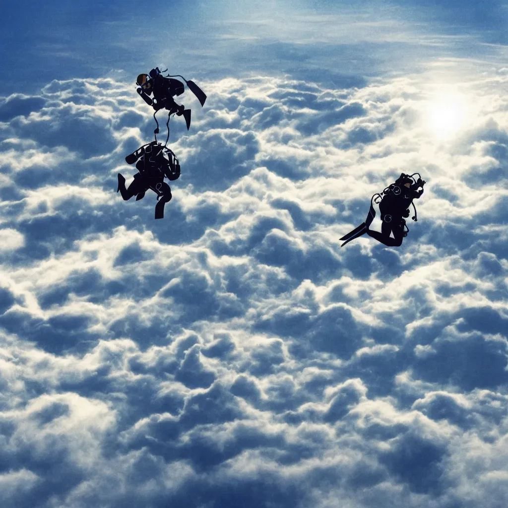 Prompt: a scubadiver floating above the clouds, graphic art