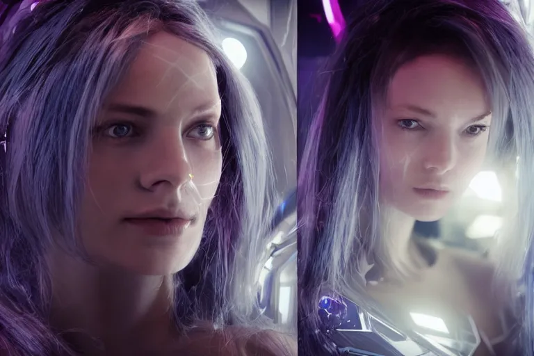 Image similar to VFX movie of a futuristic space woman model gorgeous portrait in inhuman future spaceship, cyberpunk dress, beautiful natural skin natural lighting by Emmanuel Lubezki