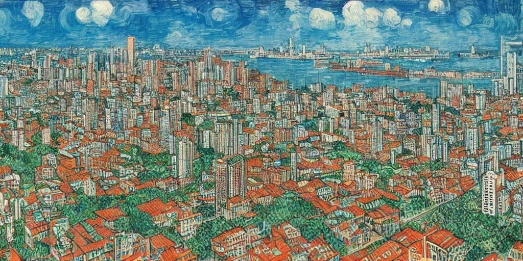 Prompt: panama city skyline by mc escher and van gogh, studio ghibli color scheme