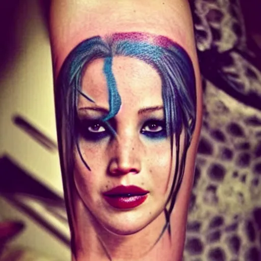 Image similar to a tatoo depicting jennifer lawrence as harley quinn, photo