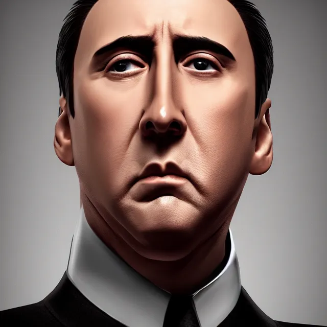 Image similar to portrait of bald nicolas cage neutral expression face straight on headshot even lighting no hair, trending on artstation