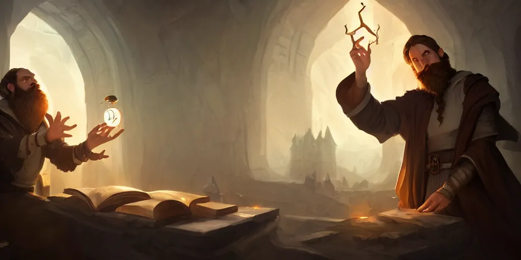 Image similar to a handsome bearded caucasian male sorcerer with brown hair, he is in a alchemist lab, casting a spell from a floating book, action pose, digital art, concept art, epic composition, 4 k, super coherent, by dave melvin and greg rutkowski