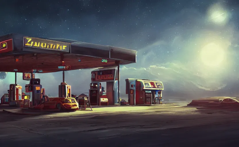 Prompt: gas station in space, 4 k, polished, photorealistic, steampunk, hard edges, zoomed in, very coherent, sharp focus, rim light, exquisite lighting, hard edges, sci - fi, print, cinematic, game art, concept art, octane