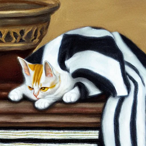 Image similar to oil painting extreme wide shot of a white and grey tabby cat wearing a black yellow striped hufflepuff scarf, in the gloucester cathedral cloisters, digital painting, high detail, award - winning, playful