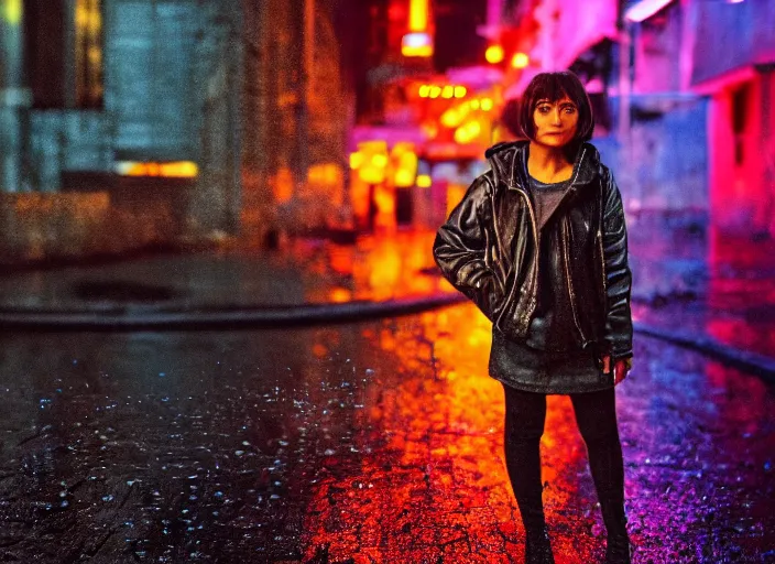 Image similar to closeup portrait of emo dora ( dora the explorer ) standing in the rain in a cyberpunk city, neon reflections in the puddles, portra 4 0 0 candid photograph portrait by annie leibovitz, 3 5 mm, f / 3 2, hyperrealistic, cinematic lighting, hd wallpaper, 8 k, 4 k