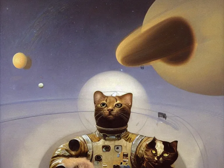 Image similar to an oil painting of a cat in a spacesuit floating by the rings of saturn by beksinski carl spitzweg and tuomas korpi. baroque elements, full-length view. baroque element. intricate artwork by caravaggio. Trending on artstation. 8k