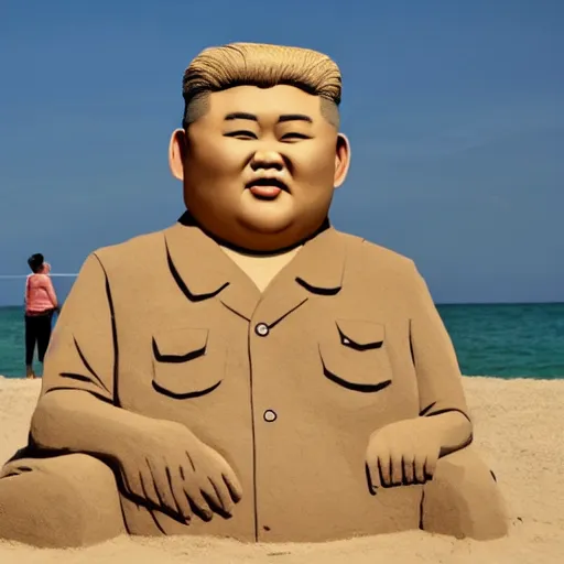 Image similar to a sand sculpture of kim jong un on the beach