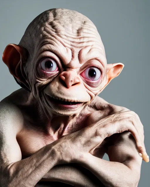 Image similar to A high-quality studio portrait of Gollum; Gollum looks mischievous, bokeh, 90mm, f/1.4