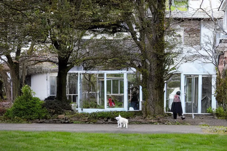 Image similar to the old lady across the street is walking her three tiny white dogs on leashes. she is sour and dour, and angry. she is looking down. she has gray hair. she is wearing a long gray cardigan and dark pants. green house in background. large norway maple tree in foreground. view through window.